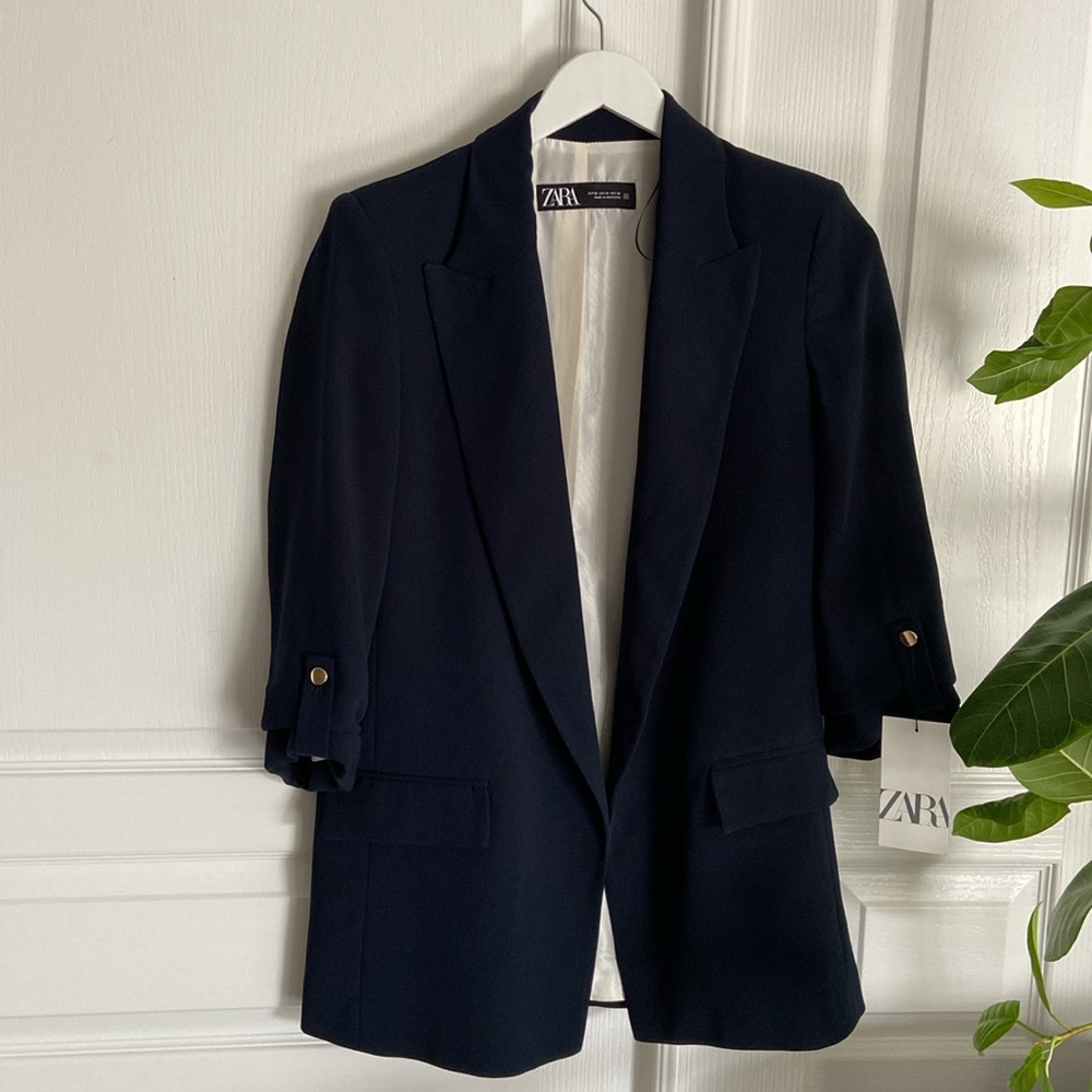 🆕 ZARA Navy Blue Blazer with Rolled Up Sleeves